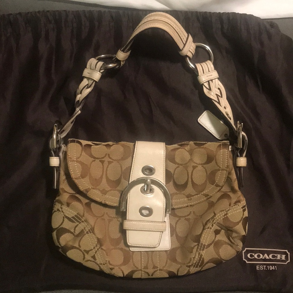 Tan and white Coach bag with braided strap